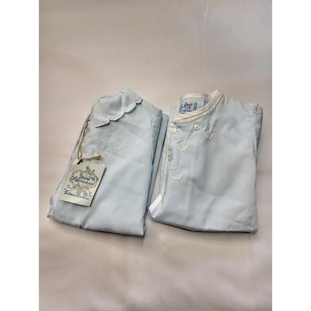 Feltman Brothers Vintage Baby Gowns Blue Hand Embroidered Sailboat Cowboy Set 2